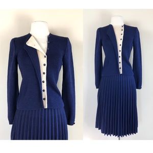 vintage 1940s 1950s sweater suit cardigan pleated skirt set navy pin up dress